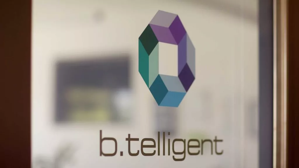 b.telligent logo on glass door